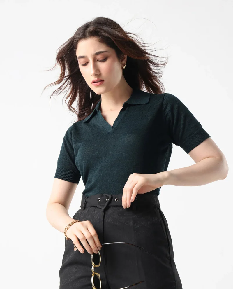 Rareism Rareism Women Basel Green Cotton Linen Fabric Short Sleeve Polo Collar Plain Polo
