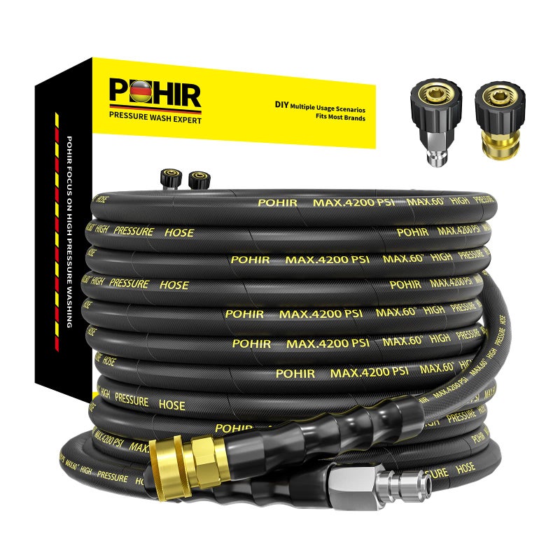POHIR Power Washer Hose 25FT x 1/4 Inch with 3/8" Quick Connector, High Tensile Wire Braided Heavy Duty Kink Resistant High Pressure Hose 4200PSI, 2 Pcs M22 to 3/8 Adapters Set Accessories - Image 1