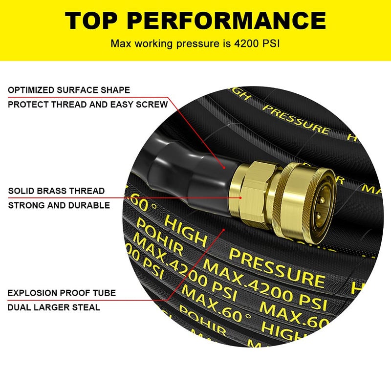 POHIR Power Washer Hose 25FT x 1/4 Inch with 3/8" Quick Connector, High Tensile Wire Braided Heavy Duty Kink Resistant High Pressure Hose 4200PSI, 2 Pcs M22 to 3/8 Adapters Set Accessories - Image 4