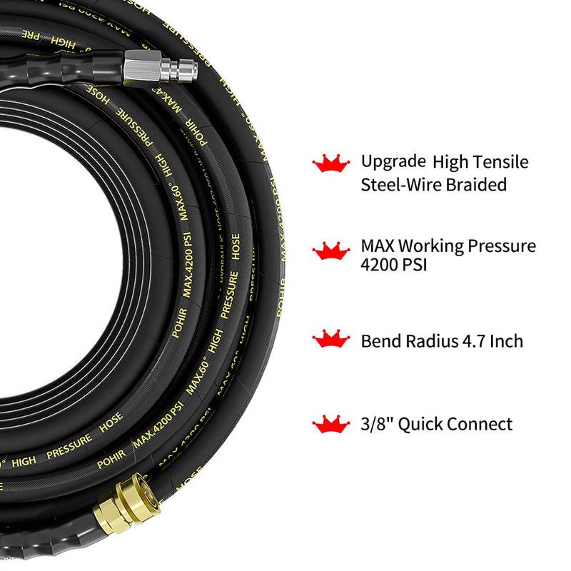 POHIR Power Washer Hose 25FT x 1/4 Inch with 3/8" Quick Connector, High Tensile Wire Braided Heavy Duty Kink Resistant High Pressure Hose 4200PSI, 2 Pcs M22 to 3/8 Adapters Set Accessories - Image 2