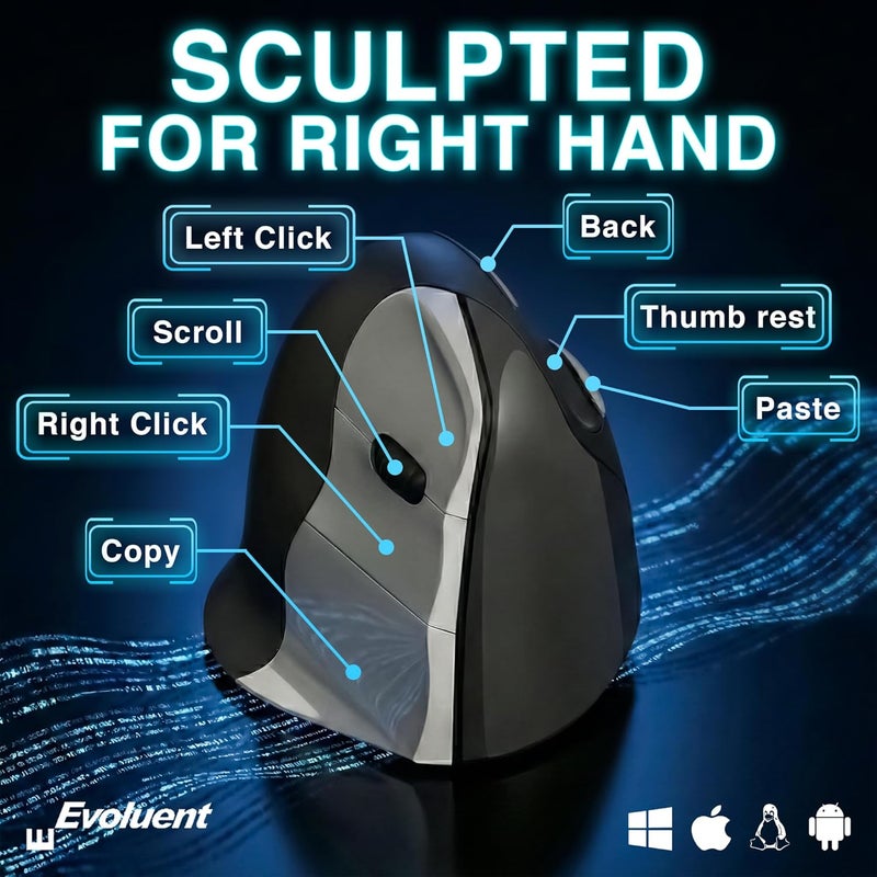 Evoluent – Inventor of The Vertical Mouse – VMC Vertical Ergonomic Mouse Wireless USB/Bluetooth Ergo Design for Right Hand M-L, Reduces Wrist Strain, Sculpted Comfort, 4 Speeds, Copy & Paste Buttons - Image 3