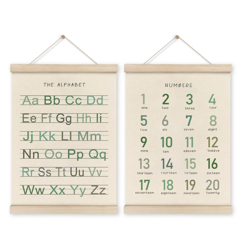 HRQKO Alphabet Numbers Poster Hanger Frame Set of 2  Nursery Wall Decor  Boho ABC Poster Wall Art with Wooden Frames  Sage Green Alphabet Banner Wall Hanging Decor for Toddler Playroom  12x16 Inch - Image 1