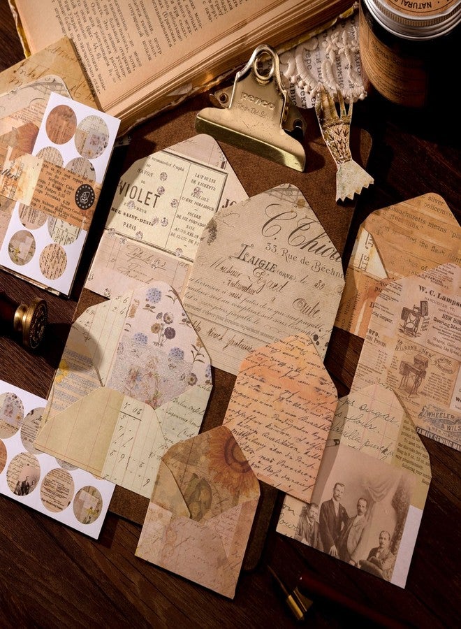 Doraking 92 Pieces Mini Stationery Paper Envelopes and Sealing Sticker Set, 60 Vintage Writing Scrapbook Papers with 16 Matching Envelopes and 16 Round Seal Sticker - Image 2