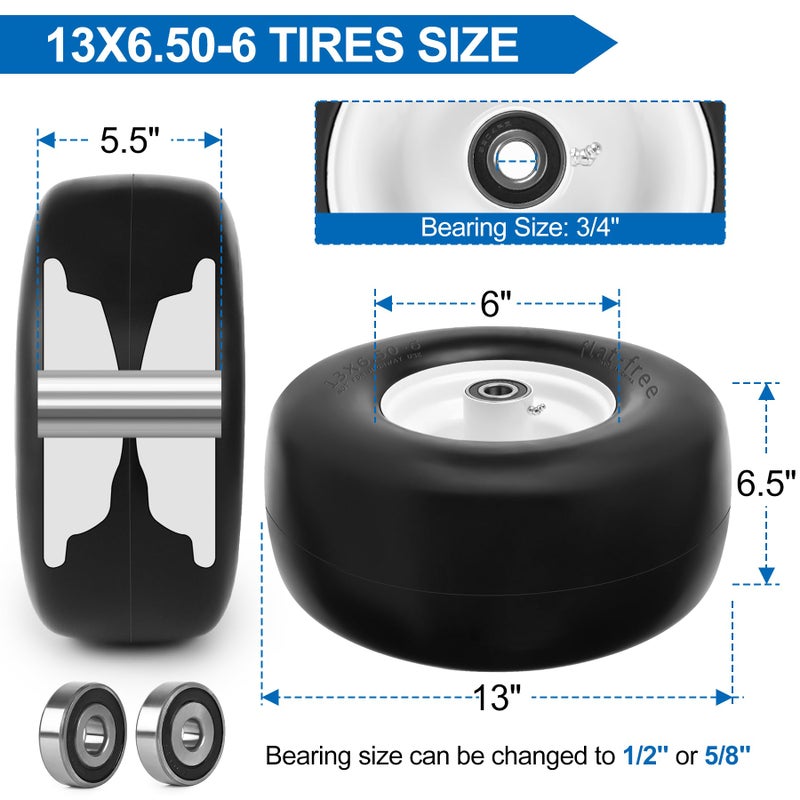 phepetroll 13x6.50-6 Flat Free Lawn Mower Tires and Wheels 3/4" 5/8" 1/2" Ball Bearings, 13x6.5x6 Zero Turn Mower Front Tires, Smooth Tires for Commercial Grade Lawn 5.5"-7.5" Adjustable Centered Hub - Image 2