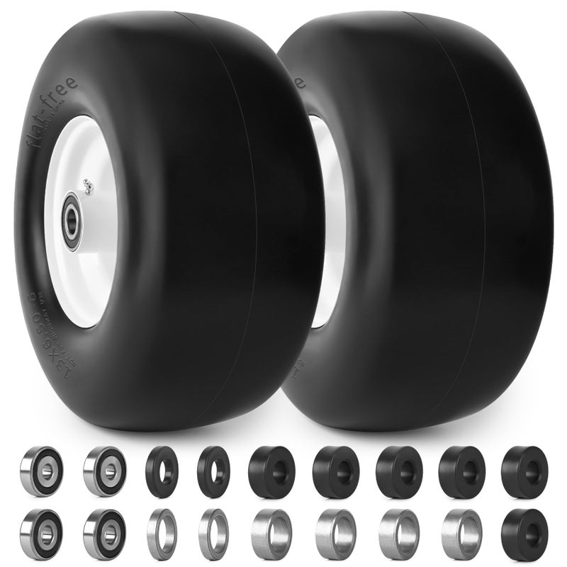 phepetroll 13x6.50-6 Flat Free Lawn Mower Tires and Wheels 3/4" 5/8" 1/2" Ball Bearings, 13x6.5x6 Zero Turn Mower Front Tires, Smooth Tires for Commercial Grade Lawn 5.5"-7.5" Adjustable Centered Hub - Image 1