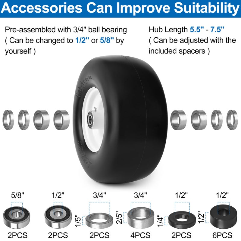 phepetroll 13x6.50-6 Flat Free Lawn Mower Tires and Wheels 3/4" 5/8" 1/2" Ball Bearings, 13x6.5x6 Zero Turn Mower Front Tires, Smooth Tires for Commercial Grade Lawn 5.5"-7.5" Adjustable Centered Hub - Image 3
