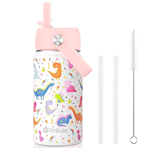 Fimibuke Kids Insulated Water Bottle, 14oz BPA FREE 18/8 Stainless Steel Travel Tumbler Double Wall Vacuum Leak Proof Kids Cup with Straw Metal Bottle for School Boys Girls(1 Pack, WHITE DINOSAUR) - Image 1