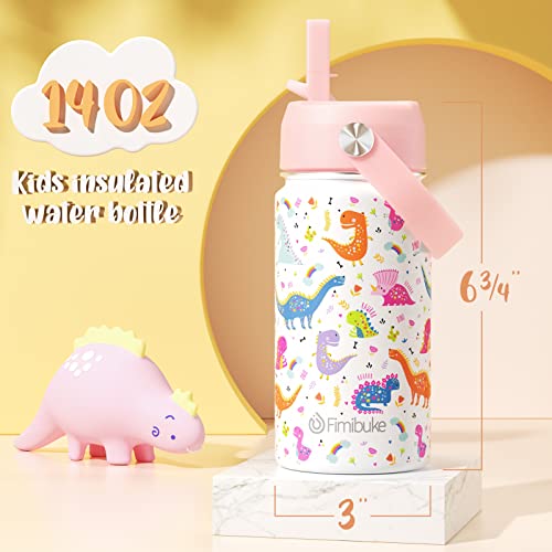 Fimibuke Kids Insulated Water Bottle, 14oz BPA FREE 18/8 Stainless Steel Travel Tumbler Double Wall Vacuum Leak Proof Kids Cup with Straw Metal Bottle for School Boys Girls(1 Pack, WHITE DINOSAUR) - Image 2