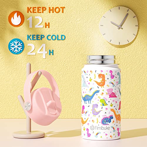 Fimibuke Kids Insulated Water Bottle, 14oz BPA FREE 18/8 Stainless Steel Travel Tumbler Double Wall Vacuum Leak Proof Kids Cup with Straw Metal Bottle for School Boys Girls(1 Pack, WHITE DINOSAUR) - Image 3