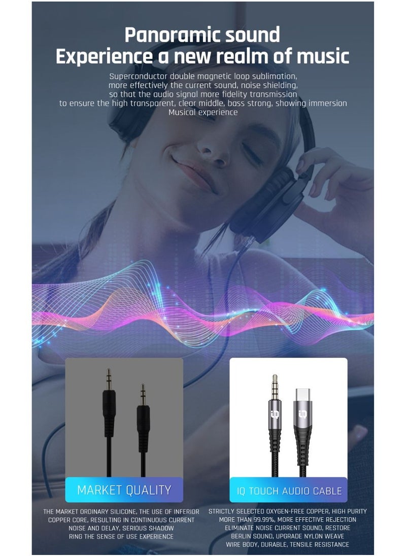 آي كيو تاتش كابل USB-C إلى 3.5 مم، كابل صوت مجدول من النايلون بطول 1 متر، سلك من النوع C إلى 3.5 مم متوافق مع الهاتف المحمول والأجهزة اللوحية وأجهزة ستريو المنزل في السيارة وسماعات الرأس ومكبر الصوت، أسود 