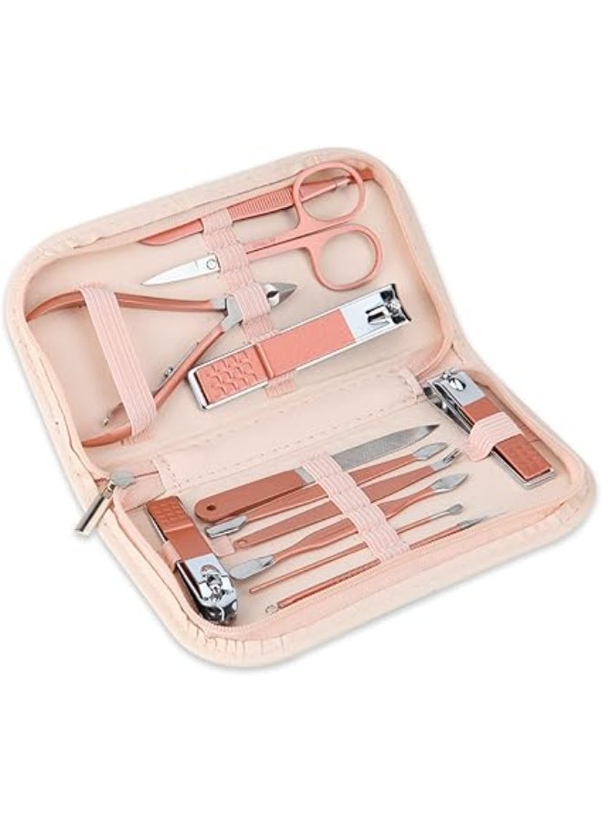 طقم قصافة أظافر وأدوات تجميل محمول، طقم مانيكير 12 في 1 من الفولاذ المقاوم للصدأ المارتنسيتي بلون ذهبي وردي، مع شنطة جلدية وردية، للمنزل ومكان العمل والسفر في الهواء الطلق والتقديم وصالون التجميل - Image 1