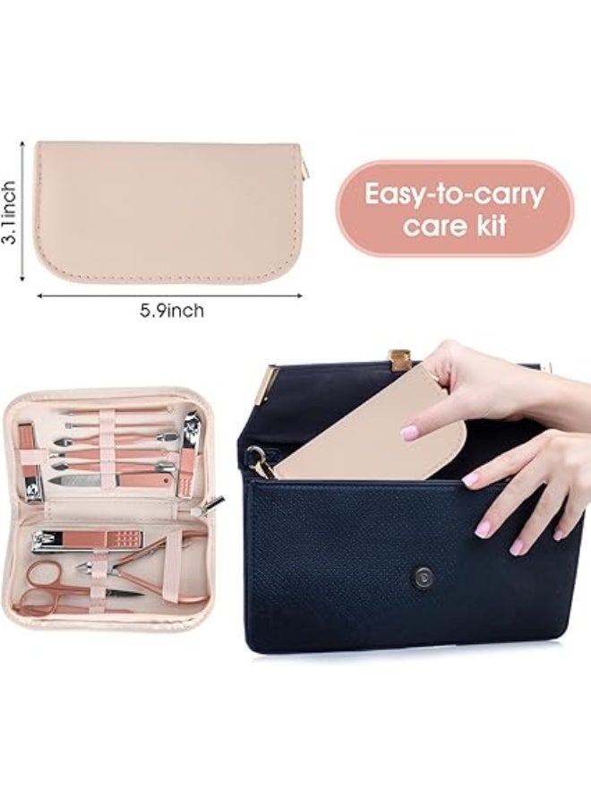 طقم قصافة أظافر وأدوات تجميل محمول، طقم مانيكير 12 في 1 من الفولاذ المقاوم للصدأ المارتنسيتي بلون ذهبي وردي، مع شنطة جلدية وردية، للمنزل ومكان العمل والسفر في الهواء الطلق والتقديم وصالون التجميل - Image 5