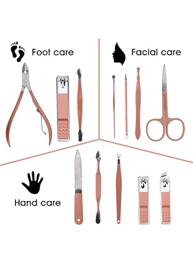 طقم قصافة أظافر وأدوات تجميل محمول، طقم مانيكير 12 في 1 من الفولاذ المقاوم للصدأ المارتنسيتي بلون ذهبي وردي، مع شنطة جلدية وردية، للمنزل ومكان العمل والسفر في الهواء الطلق والتقديم وصالون التجميل - Image 2