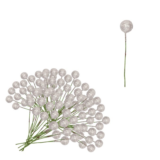 100pcs Christmas Artificial Silver Holly BerriesGlitter Berry Twig Stem Artificial Berry Fruits Picks Berry Branches Winter Berries Bunch for Christmas Wreath Making Xmas Tree Decorations Supplies
