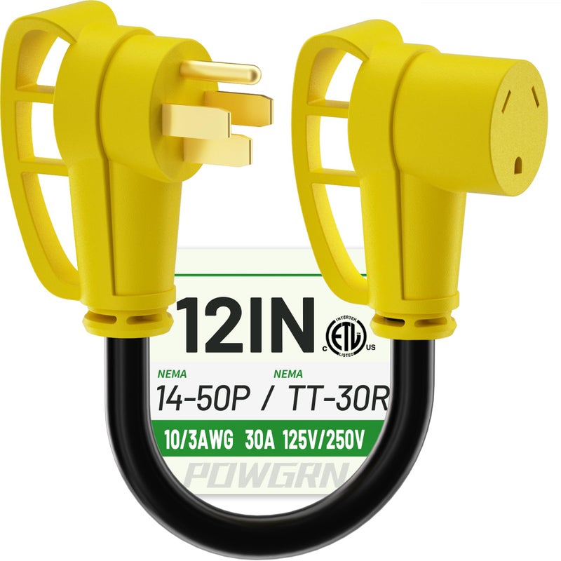 POWGRN 50 Amp to 30 Amp RV Adapter 12 inch, Heavy Duty Extension Cord 10/3 Gauge RV Electrical Adapter, NEMA 14-50P Male to NEMA TT-30R Female, STW 30AWG 30A 125V 3750W, Black-Yellow, ETL Listed - Image 1