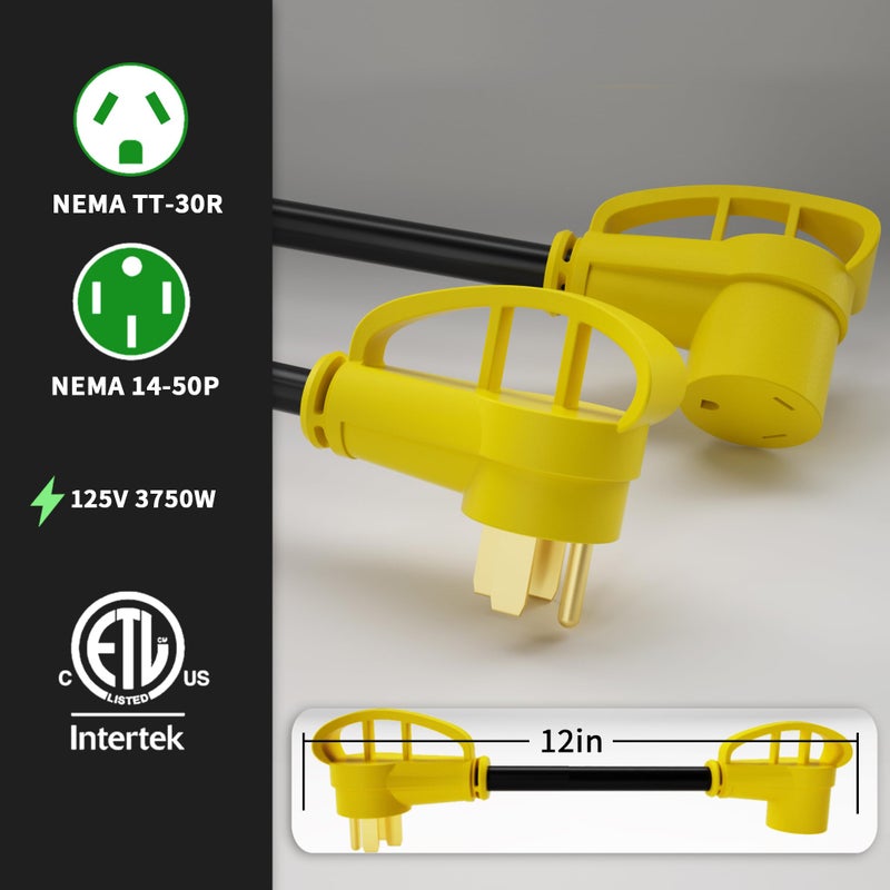POWGRN 50 Amp to 30 Amp RV Adapter 12 inch, Heavy Duty Extension Cord 10/3 Gauge RV Electrical Adapter, NEMA 14-50P Male to NEMA TT-30R Female, STW 30AWG 30A 125V 3750W, Black-Yellow, ETL Listed - Image 2