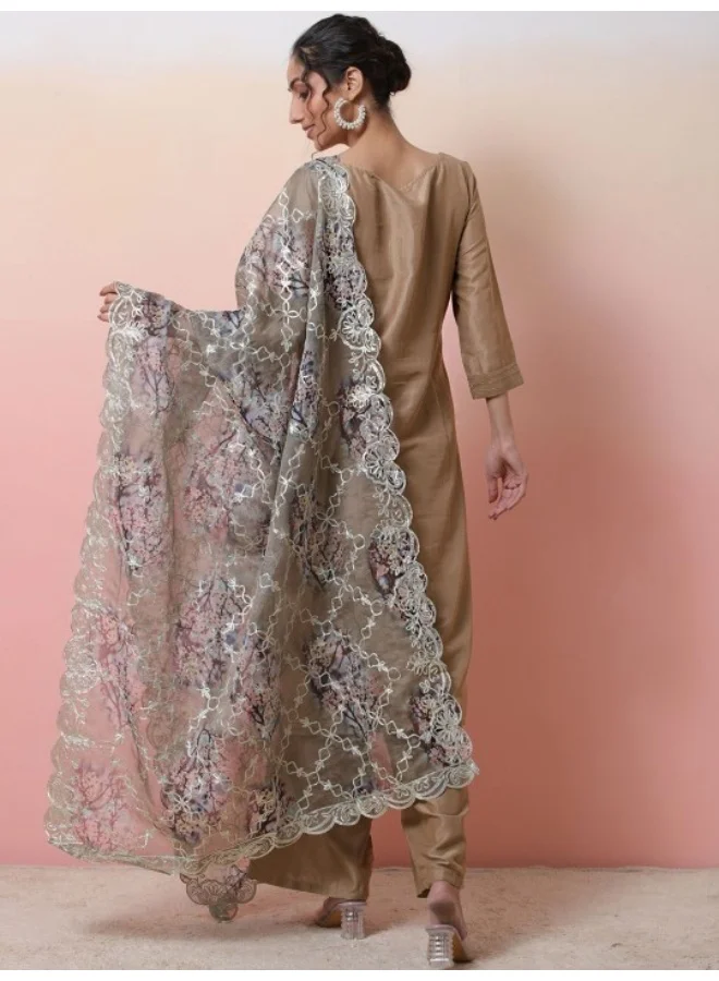 AKS Embroidered Sequinned Straight Kurta & Palazzos & Dupatta