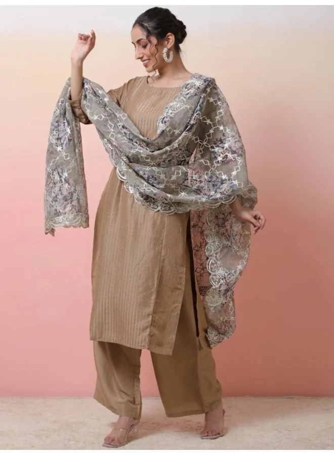 AKS Embroidered Sequinned Straight Kurta & Palazzos & Dupatta
