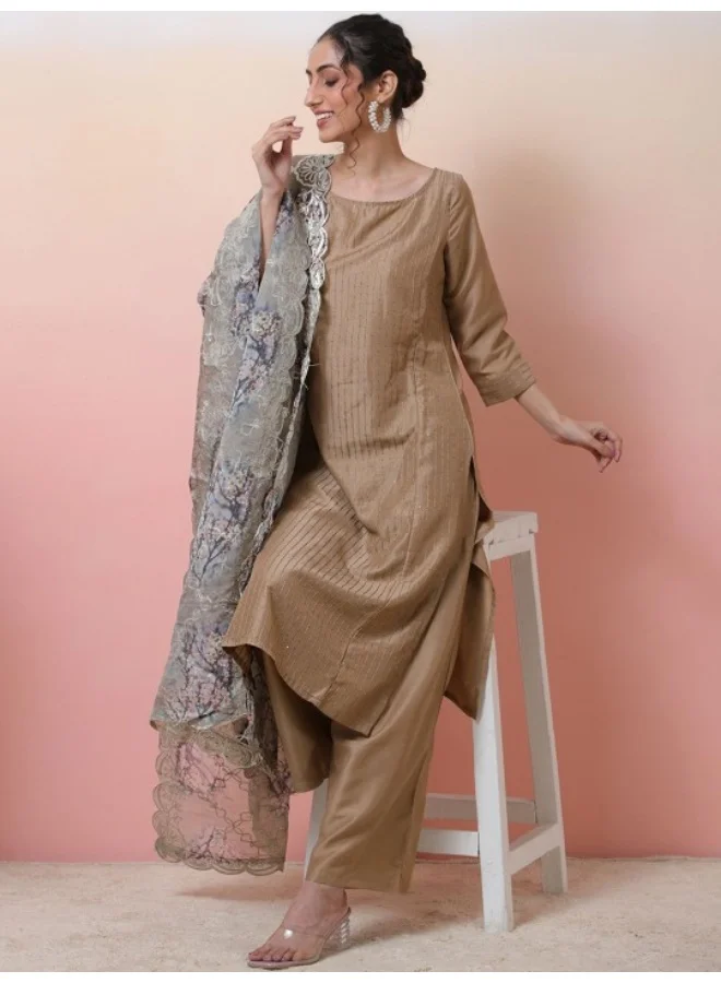 أيه كيه إس Embroidered Sequinned Straight Kurta & Palazzos & Dupatta