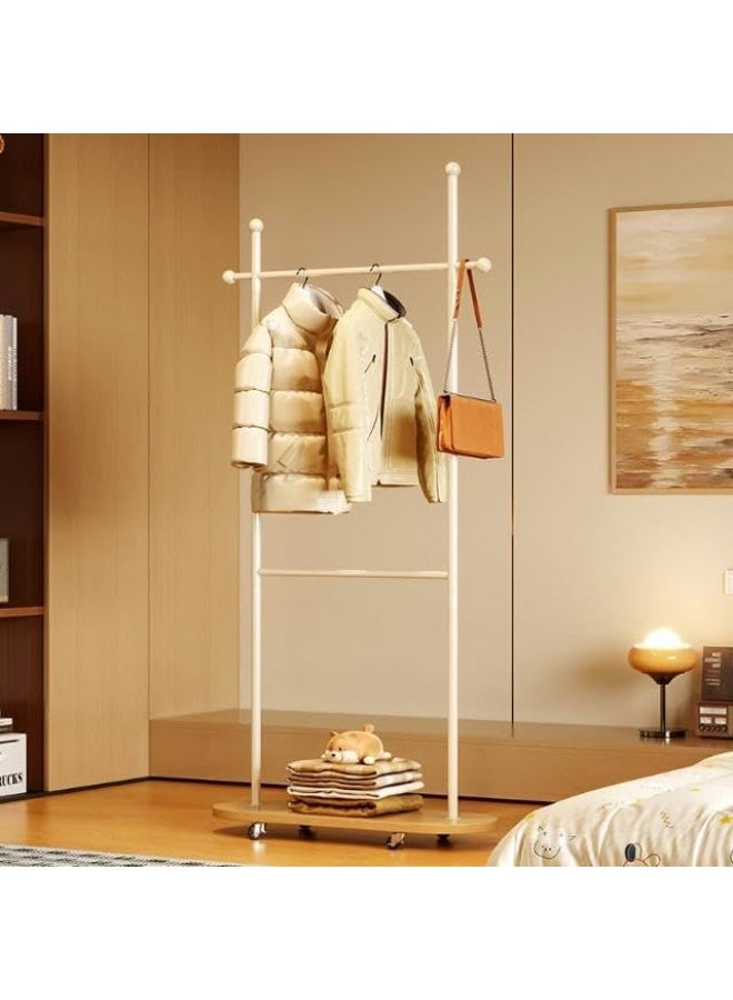 اليسا حامل معاطف معدني قائم بذاته بطول 80 سم، حامل معاطف بعجلات، حامل ملابس للمدخل أو المكتب أو غرفة النوم، يمكن تعليق الملابس والقبعات والأوشحة (أبيض + لوح خشبي بلون الخشب (قضبان مزدوجة)) - Image 4
