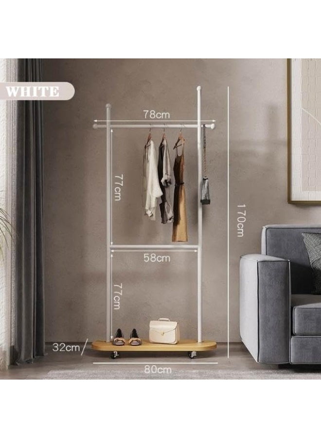 اليسا حامل معاطف معدني قائم بذاته بطول 80 سم، حامل معاطف بعجلات، حامل ملابس للمدخل أو المكتب أو غرفة النوم، يمكن تعليق الملابس والقبعات والأوشحة (أبيض + لوح خشبي بلون الخشب (قضبان مزدوجة)) - Image 3