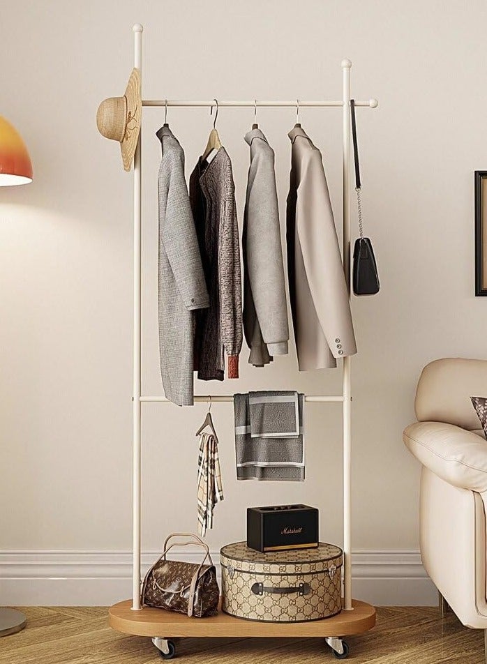 اليسا حامل معاطف معدني قائم بذاته بطول 80 سم، حامل معاطف بعجلات، حامل ملابس للمدخل أو المكتب أو غرفة النوم، يمكن تعليق الملابس والقبعات والأوشحة (أبيض + لوح خشبي بلون الخشب (قضبان مزدوجة)) - Image 1