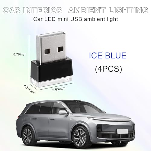 Sylvil 4 PCS USB LED Car Interior Atmosphere Lamp, Portable Mini LED Night Light, Plug-in USB Interface Trunk Ambient Lighting Kit, Universal Interior Car Accessories (Ice Blue) - Image 2