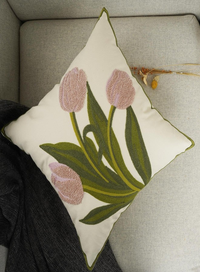 YOUR SMILE Pack of 2 Embroidered Decorative Throw Pillow Cover 18x18 Inch Farmhouse Floral Floor Pillowcase for Couch Living Room Sofa Bed,Pink Tulip - Image 5