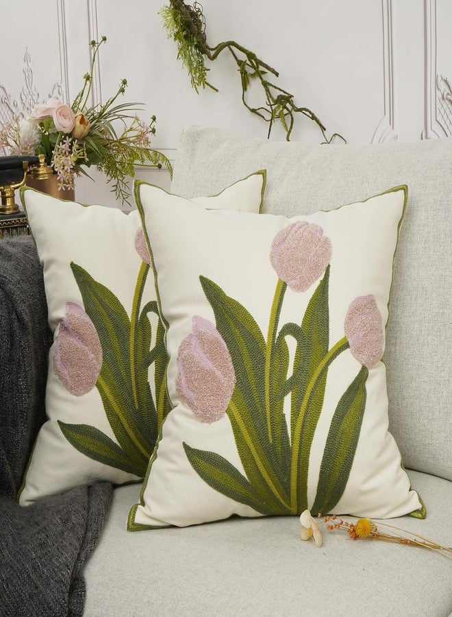 YOUR SMILE Pack of 2 Embroidered Decorative Throw Pillow Cover 18x18 Inch Farmhouse Floral Floor Pillowcase for Couch Living Room Sofa Bed,Pink Tulip - Image 2