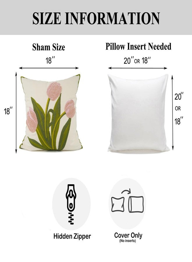 YOUR SMILE Pack of 2 Embroidered Decorative Throw Pillow Cover 18x18 Inch Farmhouse Floral Floor Pillowcase for Couch Living Room Sofa Bed,Pink Tulip - Image 4
