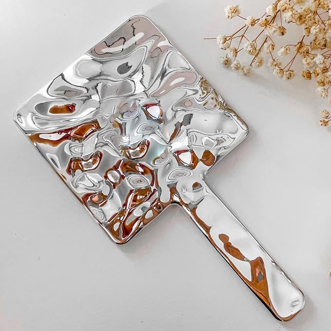 URBAN BOX Square Shape Makeup Mirror Creative Wave Pattern Handheld Cosmetic Makeup Mirror with Handle Travel Portable Beauty Mirror Silver Shiny - Image 5