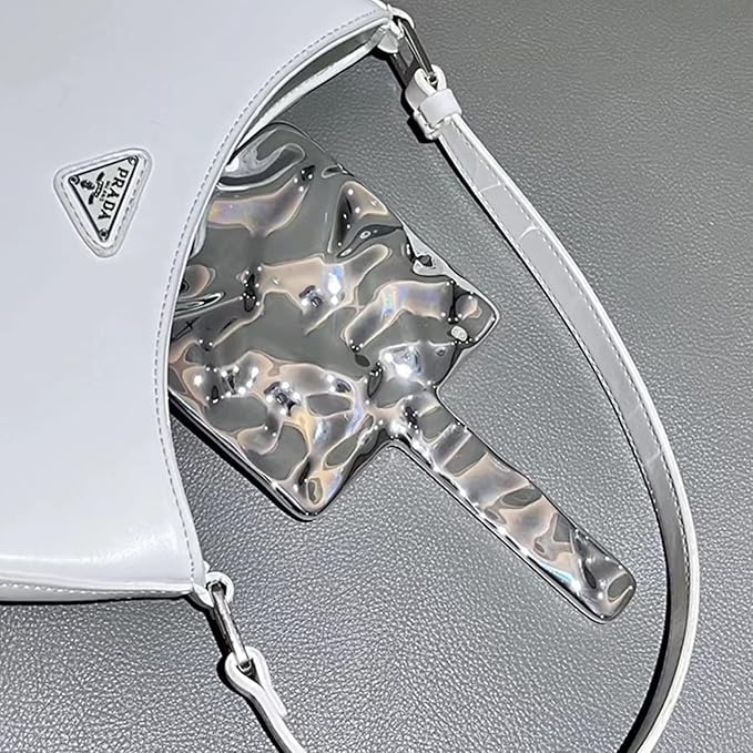 URBAN BOX Square Shape Makeup Mirror Creative Wave Pattern Handheld Cosmetic Makeup Mirror with Handle Travel Portable Beauty Mirror Silver Shiny - Image 3