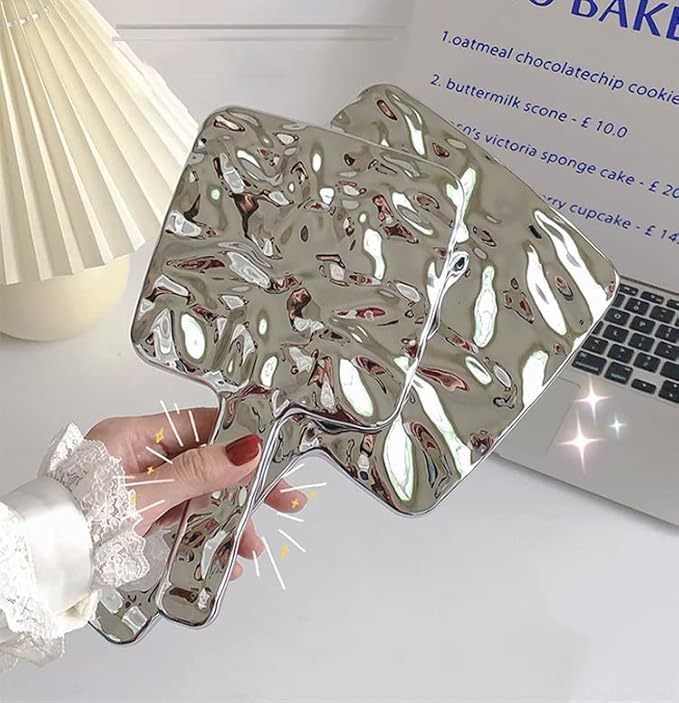 URBAN BOX Square Shape Makeup Mirror Creative Wave Pattern Handheld Cosmetic Makeup Mirror with Handle Travel Portable Beauty Mirror Silver Shiny - Image 4