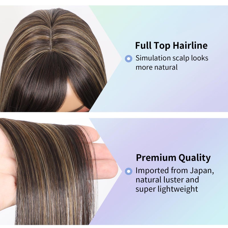 Kalyss Brown with Highlights Yaki Synthetic Women's Wig With Hair Bangs Centre Parting Long Straight Layered Heat Resistant Human Hair Blended Hair Wig for Women (brown with highlights color) - Image 4