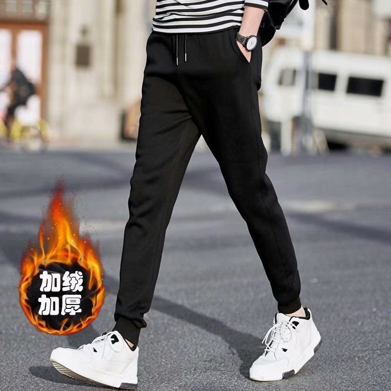 Mens Autumn Winter Fleece Lined Casual Pants Leather rope fleece-lined 