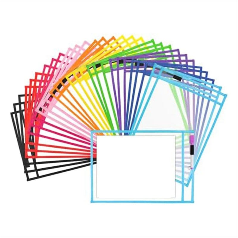 Dry Erase Pockets 30pcs 10 Vibrant Colors - Extra Large 10x14 Inch Size Reusable Dry Erase Covers for Classroom Activities Document Storage - Image 1