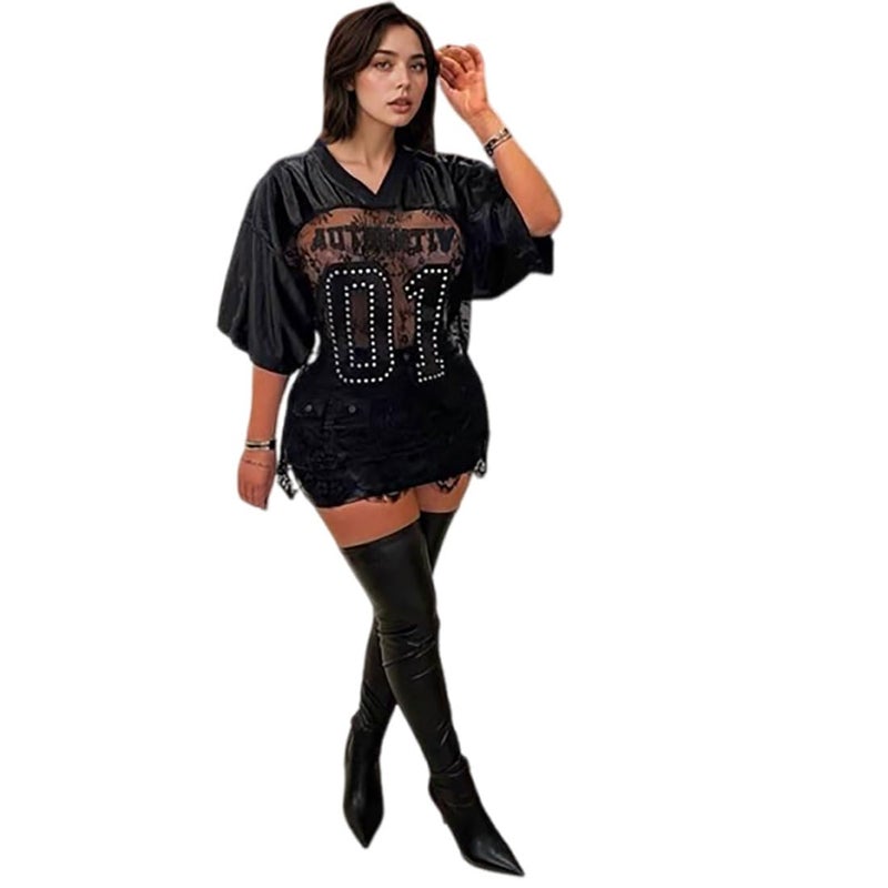 IMXPW Lace Jersey Shirts for Women Number Print Cute Summer Tops Casual Sheer Short Sleeve Oversized Tshirts Streetwear (D,Large) - Image 1
