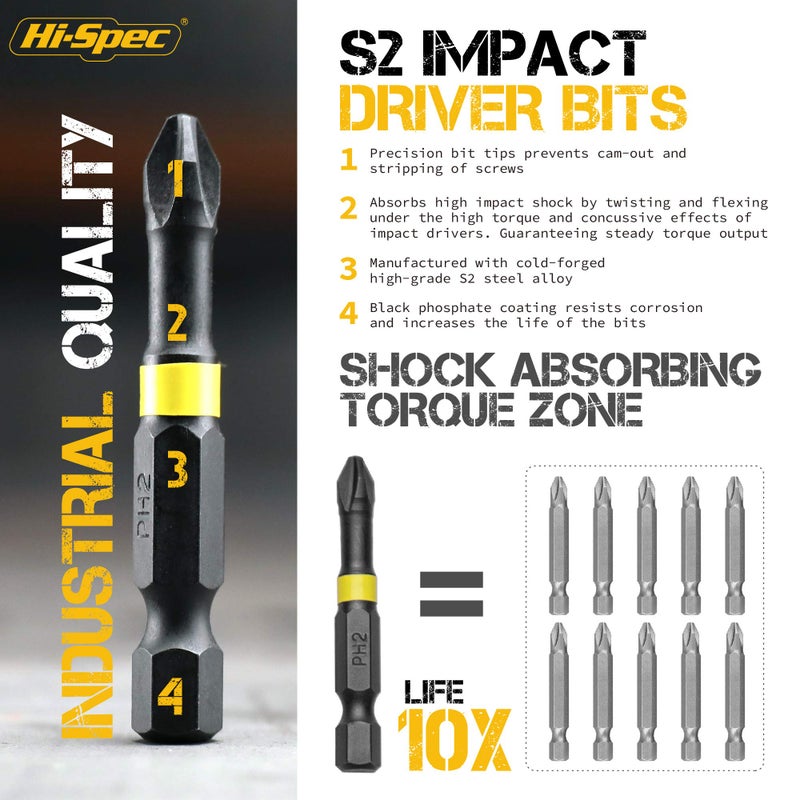 Hi-Spec 44pc Metric 1/4in Impact Screw Driver Bit Set. Hex Shank S2 Steel Screwdriver Bits Box Set for Electric Drill Drivers and Power Screwdrivers - Image 3