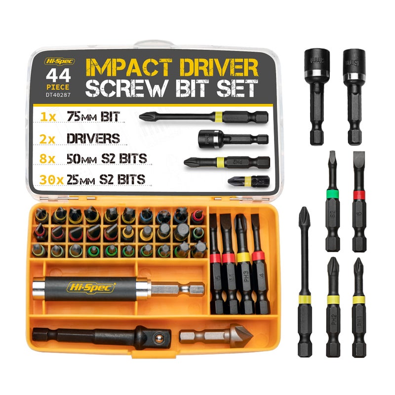 Hi-Spec 44pc Metric 1/4in Impact Screw Driver Bit Set. Hex Shank S2 Steel Screwdriver Bits Box Set for Electric Drill Drivers and Power Screwdrivers - Image 1