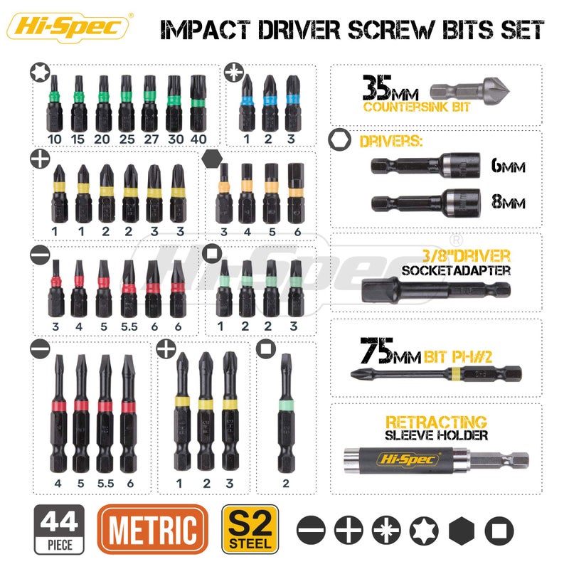 Hi-Spec 44pc Metric 1/4in Impact Screw Driver Bit Set. Hex Shank S2 Steel Screwdriver Bits Box Set for Electric Drill Drivers and Power Screwdrivers - Image 2
