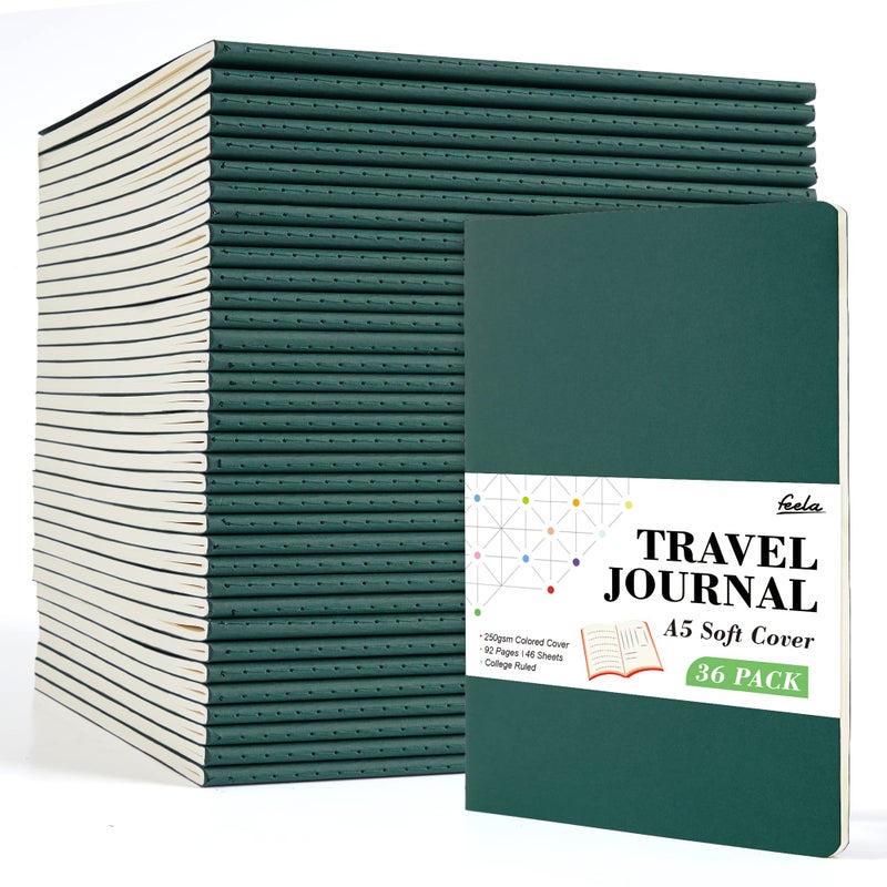 Feela 36 Pack Soft Cover Journal Bulk, Feela Lined Blank Travel Journal for Women Men Writing, Notebooks College Ruled for Work, Note Taking Notebook School Business Supplies, 8.2â€ x 5.5â€, A5, Dark Green - Image 1