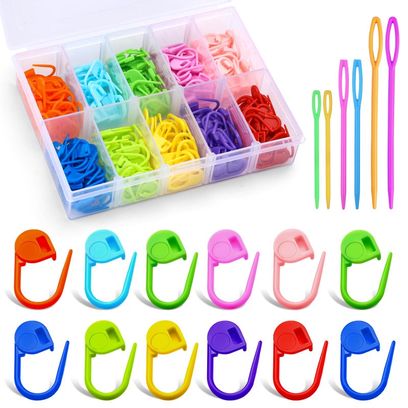 LUNARM 200 Pcs Stitch Markers for Crocheting, 10 Color Crochet Stitch Markers Knitting Locking Clip Pins with 6 Yarn Needles for DIY Craft Sewing - Image 1