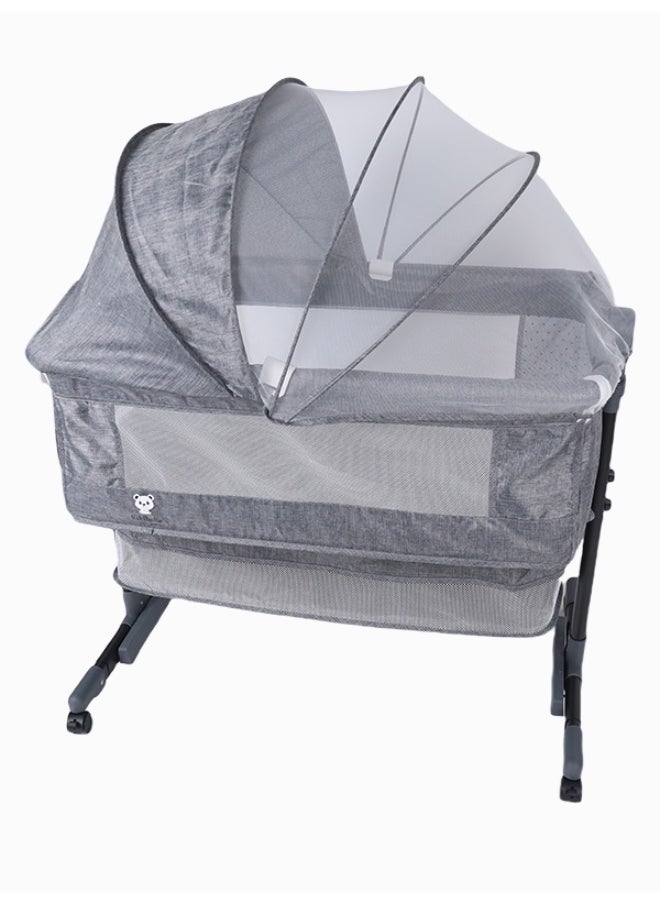 3-in-1 Portable Adjustable Baby Bedside Crib – Large Storage Basket, Travel Crib with Detachable Mosquito Net, Breathable & Soft Mattress, 360° Swivel Wheels – Light Grey
