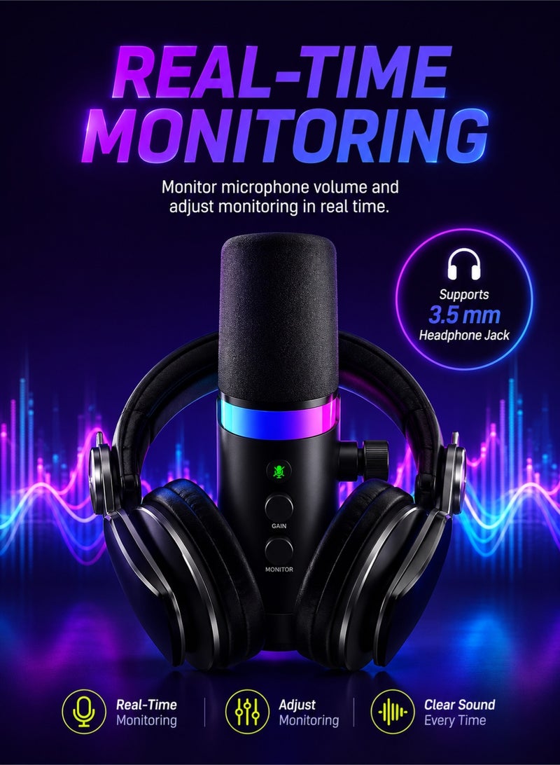 مايكروفون NV7 للألعاب مع إضاءة RGB، مايك ديناميكي مكتبي بمنفذَي USB وXLR، مثالي للبث المباشر والتسجيل والحاسوب - Image 4