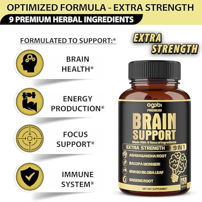 agobi 9in1 Brain Support Supplement - Blended with Ashwagandha, Panax Ginseng, Gotu Kola, Ginkgo Biloba, Black Pepper & More - Accuracy, Focus, Memory & Energy Booster - 150 Capsules for 5 Months - Image 3