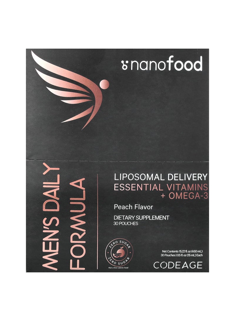 Codeage Nanofood, Men's Daily Formula, Liposomal Delivery, Essential Vitamins + Omega-3, Peach, 30 Pouches, 0.5 fl oz (15 ml) Each