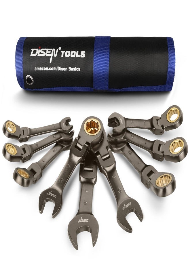 ديزن مجموعة مفاتيح ربط سقاطة قصيرة برأس مرن من DISEN، 9 قطع، 90 سنًا، مقاس متري 8-17 مم، CRV، مطلية بالنيكل، مجموعة مفاتيح ربط سقاطة مع حقيبة دوارة - Image 1