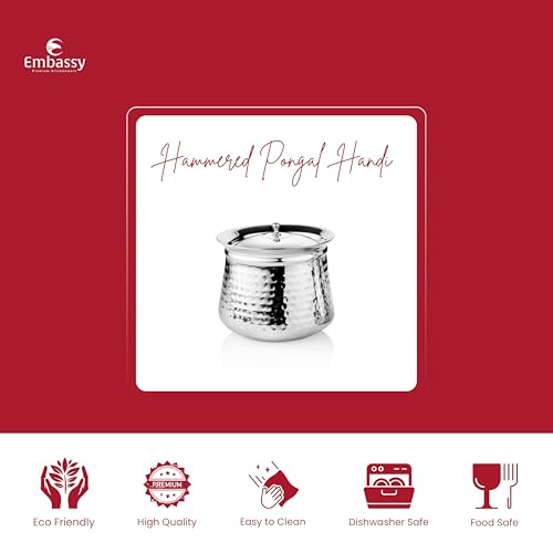 Embassy Stainless Steel Hammered French Pongal Handi with Lid | Capacity - 1250 ml | Size - 3 | Induction Friendly | Hammertone Finish | Ideal for Cooking Biryani, Curries, Stews, and More. - Image 2