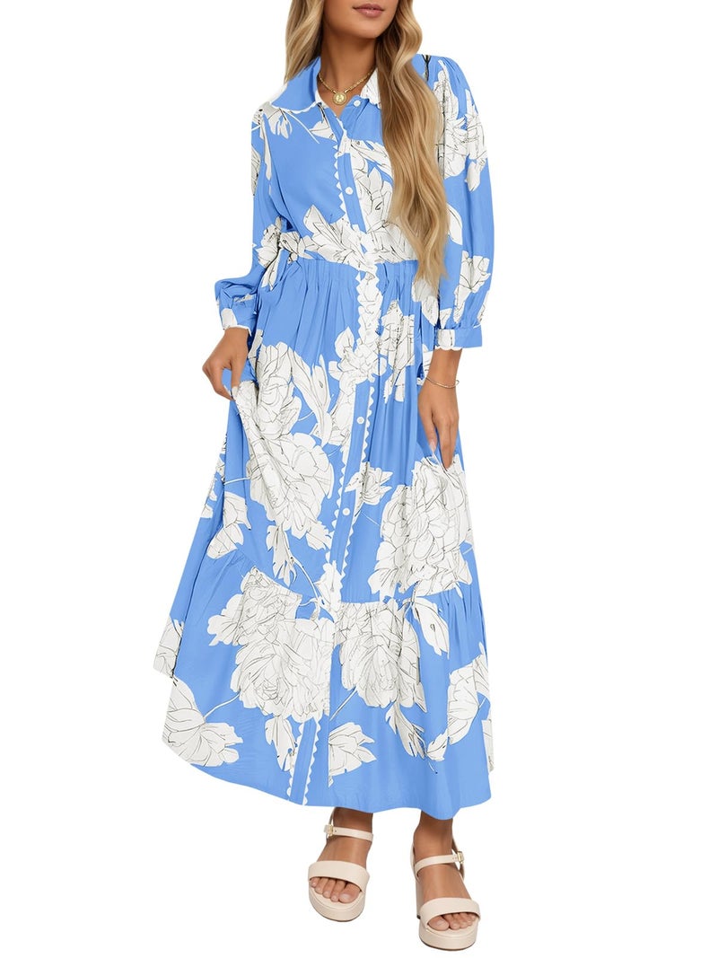 Wenrine Womens Maxi Shirt Dress Casual Floral Collared 3/4 Long Sleeve Drawstring Waist Fall Button Down Dresses Blue - Image 1