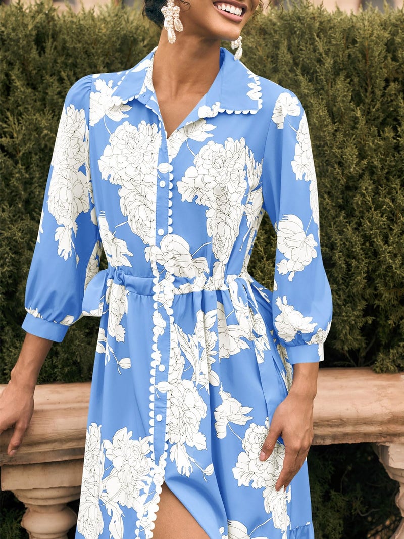 Wenrine Womens Maxi Shirt Dress Casual Floral Collared 3/4 Long Sleeve Drawstring Waist Fall Button Down Dresses Blue - Image 4